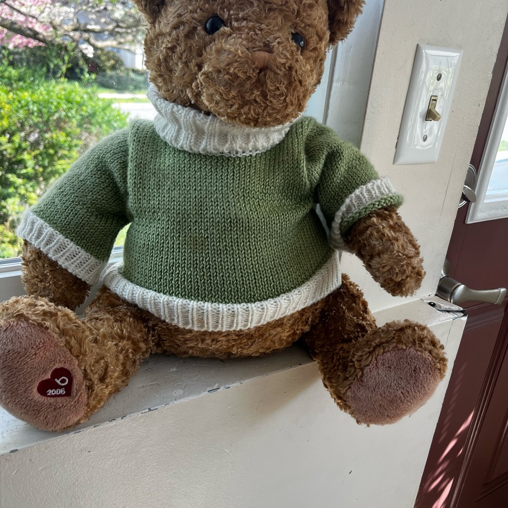 GUND Brown Teddy Bear with Green & Cream Knit Hat